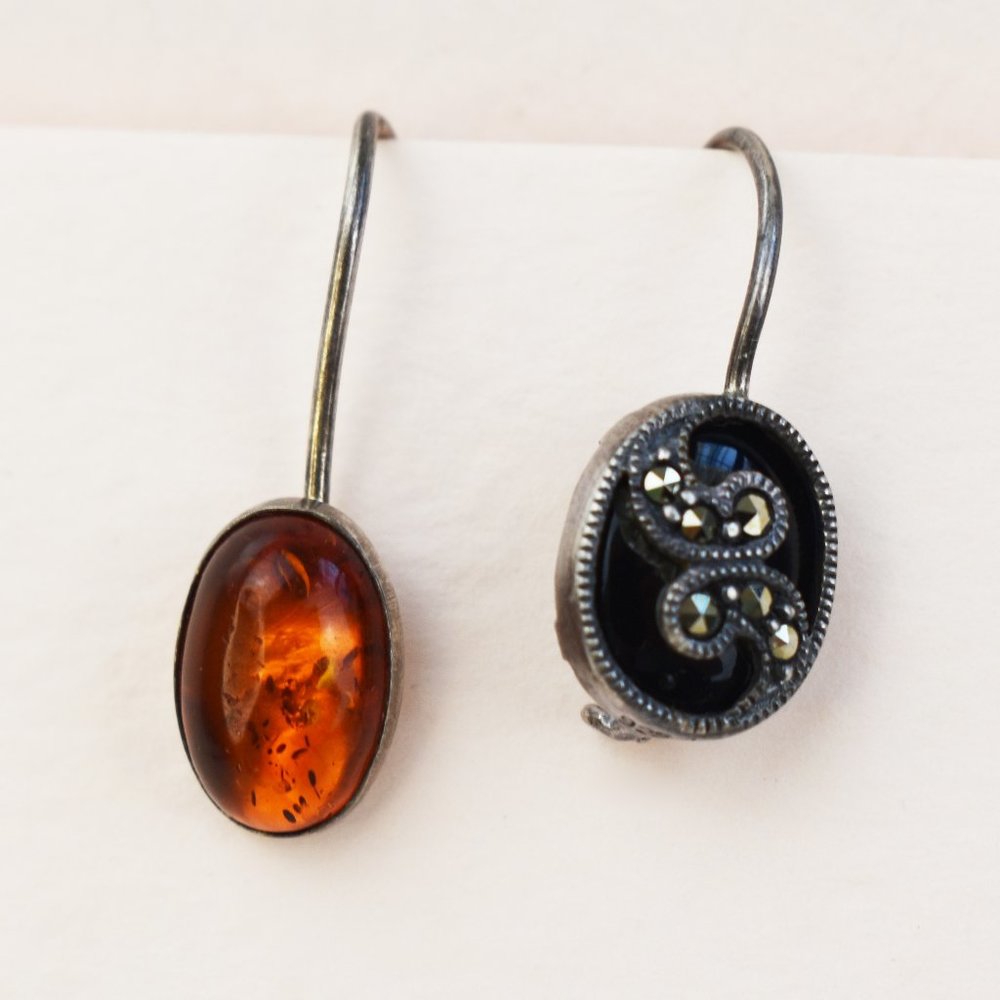 Asymmetrical mismatched earrings, onyx and marcasite earrings